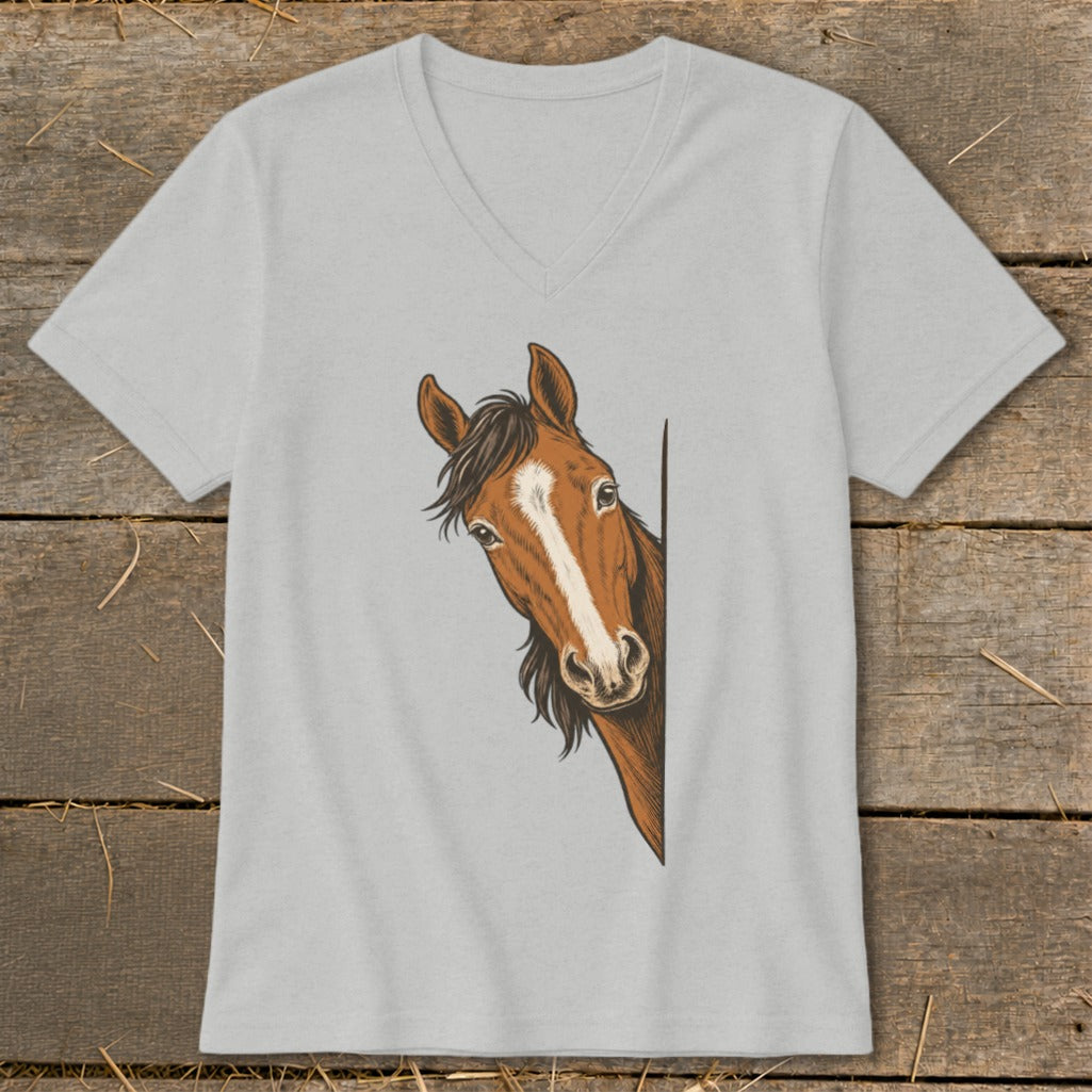 Brown horse peeking from the side on a light grey t-shirt.