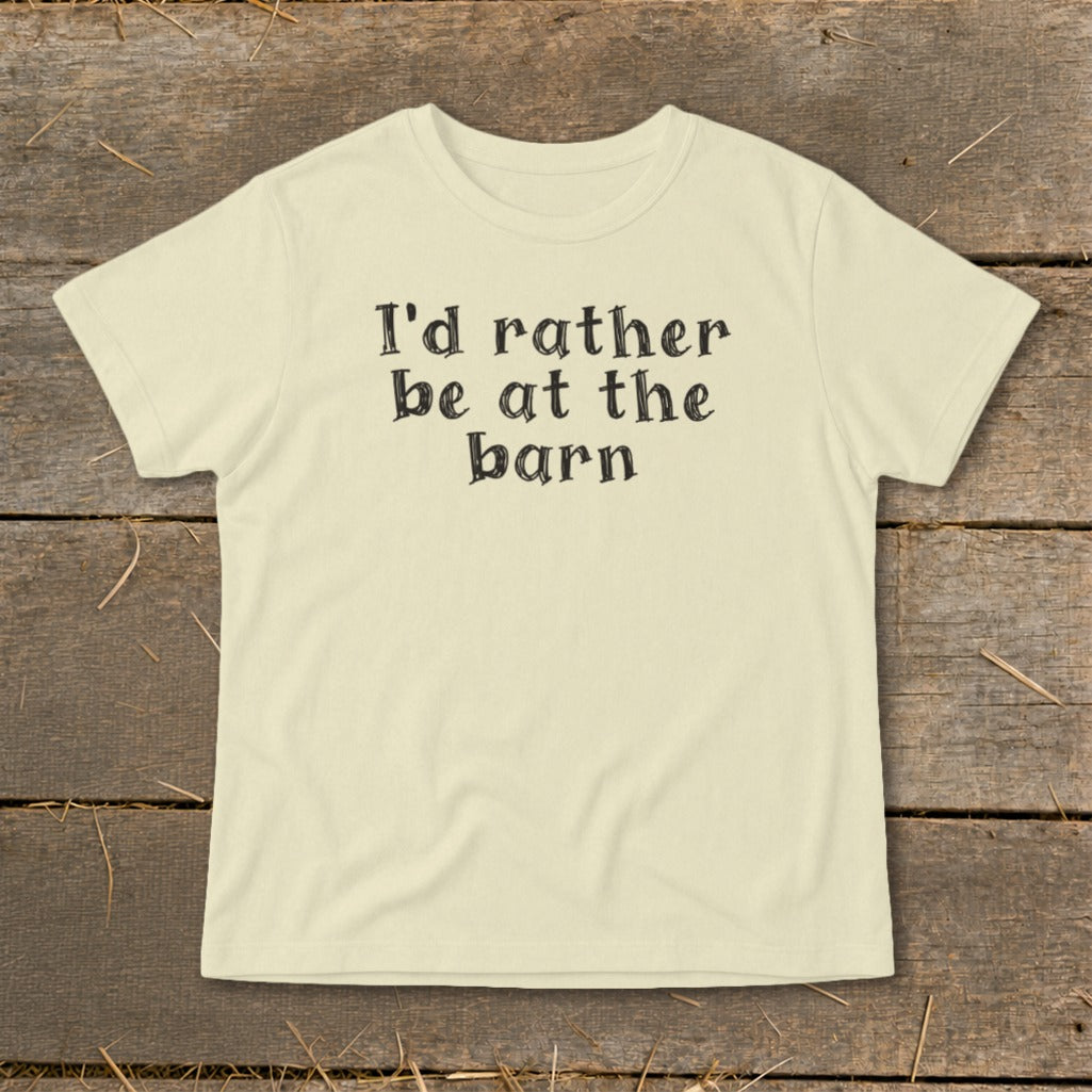 Cream t-shirt with "I'd rather be at the barn" text.
