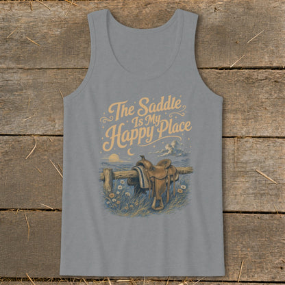 Tank top with "The Saddle Is My Happy Place" text and saddle graphic.