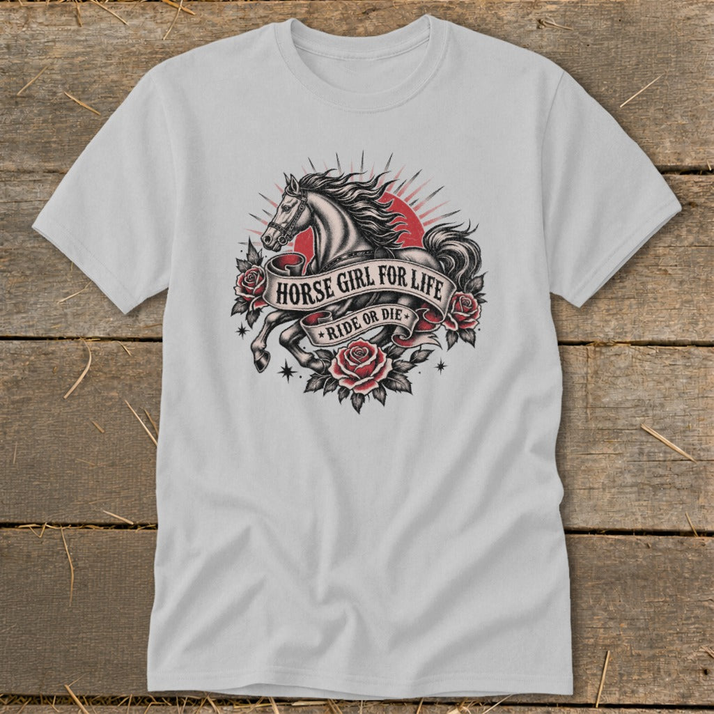 White t-shirt with a vintage tattoo-style graphic of a horse, roses, and banners.