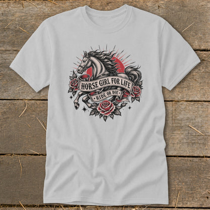 White t-shirt with a vintage tattoo-style graphic of a horse, roses, and banners.