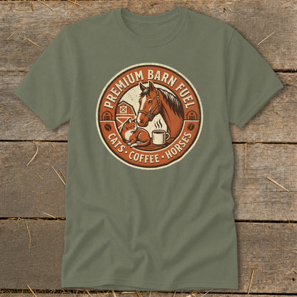 T-shirt graphic with horse, cat, coffee cup, and barn, reading "Premium Barn Fuel Cats Coffee Horses".