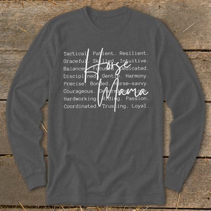 Long sleeve shirt with "Horse Mama" and descriptive words.