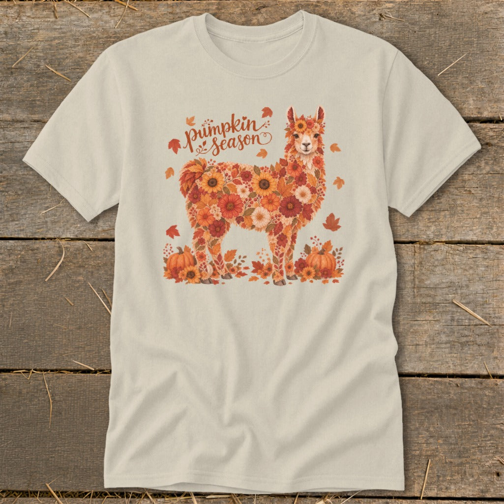 Llama graphic made of flowers and leaves with "pumpkin season" text.
