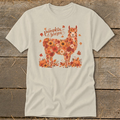 Llama graphic made of flowers and leaves with "pumpkin season" text.
