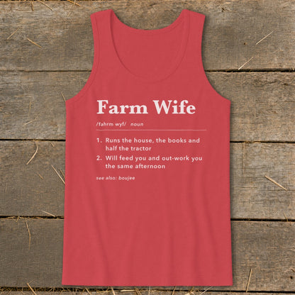 Red tank top with "Farm Wife" definition and humorous descriptions.