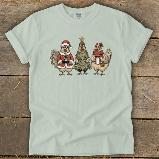 Rooster in Santa suit, chicken Christmas tree, chicken with gift and scarf.