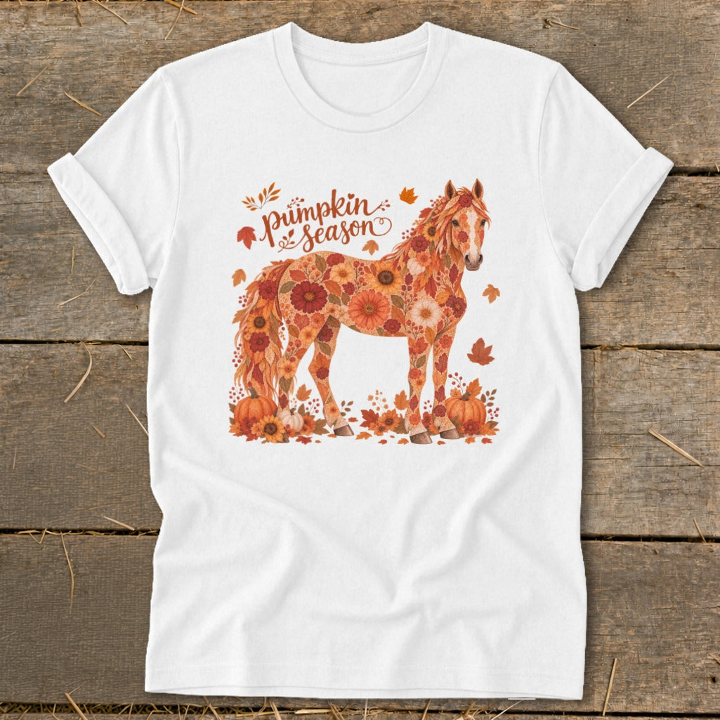 White t-shirt with a horse illustration made of flowers and leaves, with text "Pumpkin season".