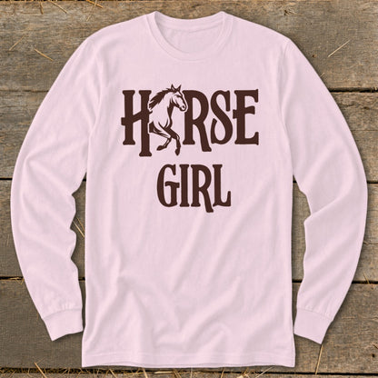 Pink long sleeve shirt with "HORSE GIRL" and horse graphic.