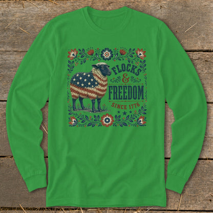 Sheep with American flag fleece, framed by floral border and text.