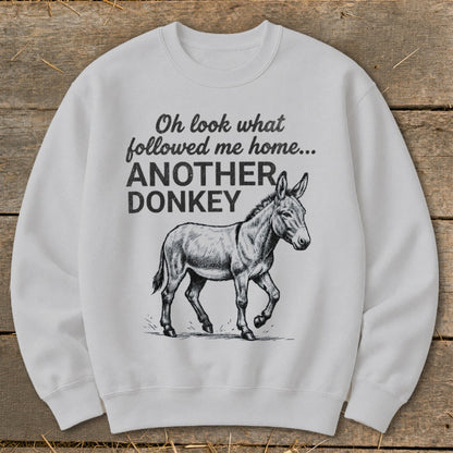 White sweatshirt with "Oh look what followed me home... ANOTHER DONKEY" and donkey illustration.