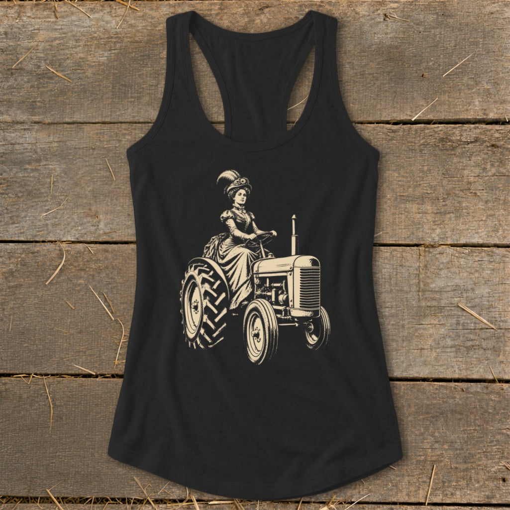 Vintage illustration of a woman in a formal gown driving a tractor.