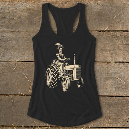 Vintage illustration of a woman in a formal gown driving a tractor.