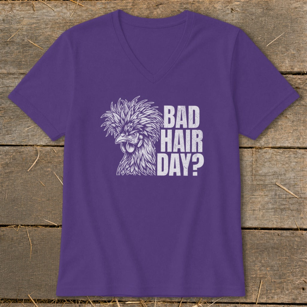 Purple t-shirt with a chicken graphic and the text "BAD HAIR DAY?".