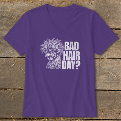 Purple t-shirt with a chicken graphic and the text "BAD HAIR DAY?".