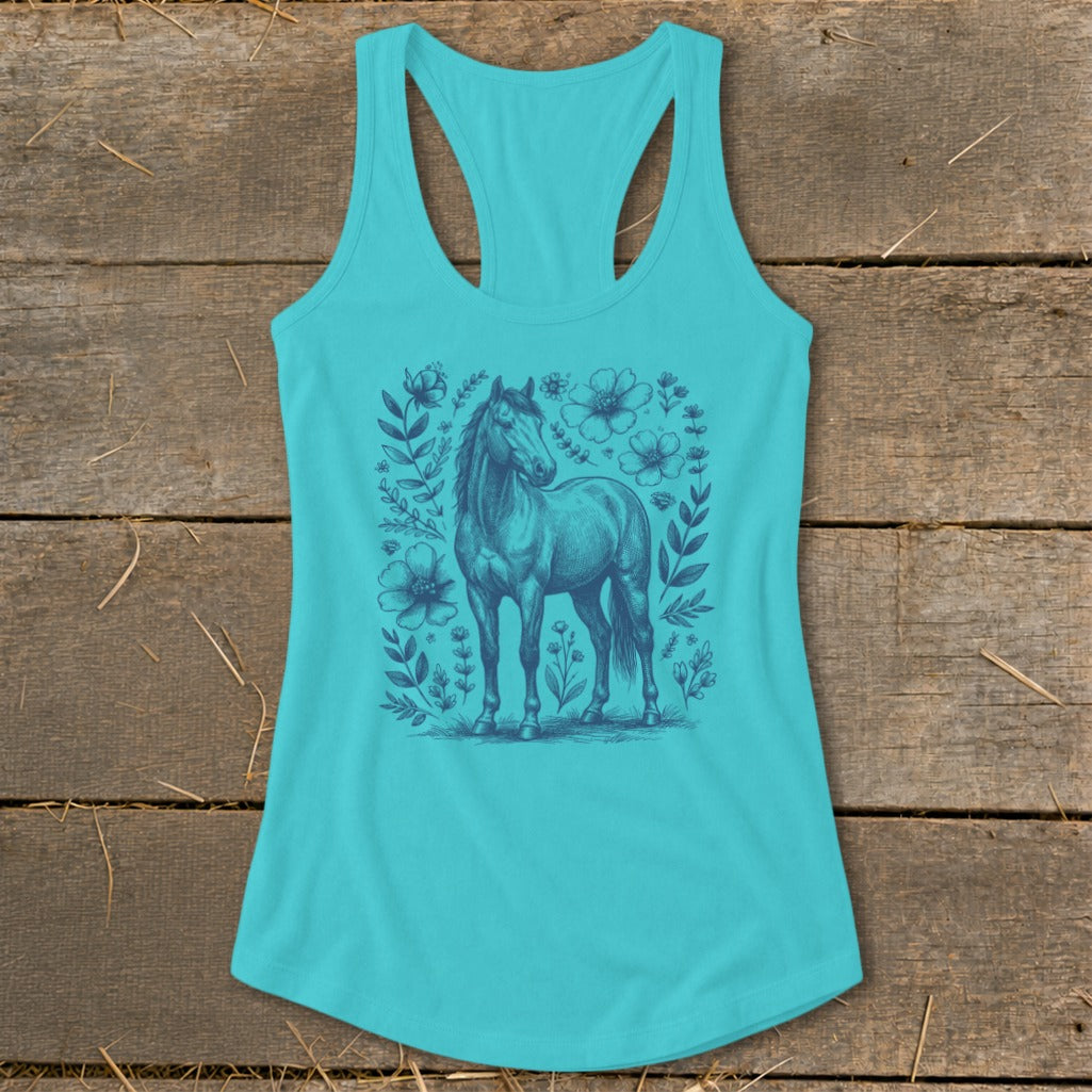 Turquoise tank top with a dark blue line drawing of a horse surrounded by flowers and leaves.