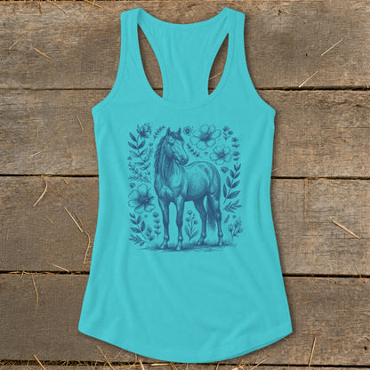Turquoise tank top with a dark blue line drawing of a horse surrounded by flowers and leaves.