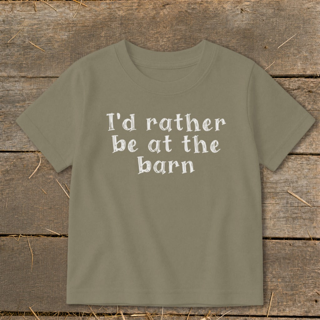 Olive green t-shirt with white text that reads "I'd rather be at the barn."