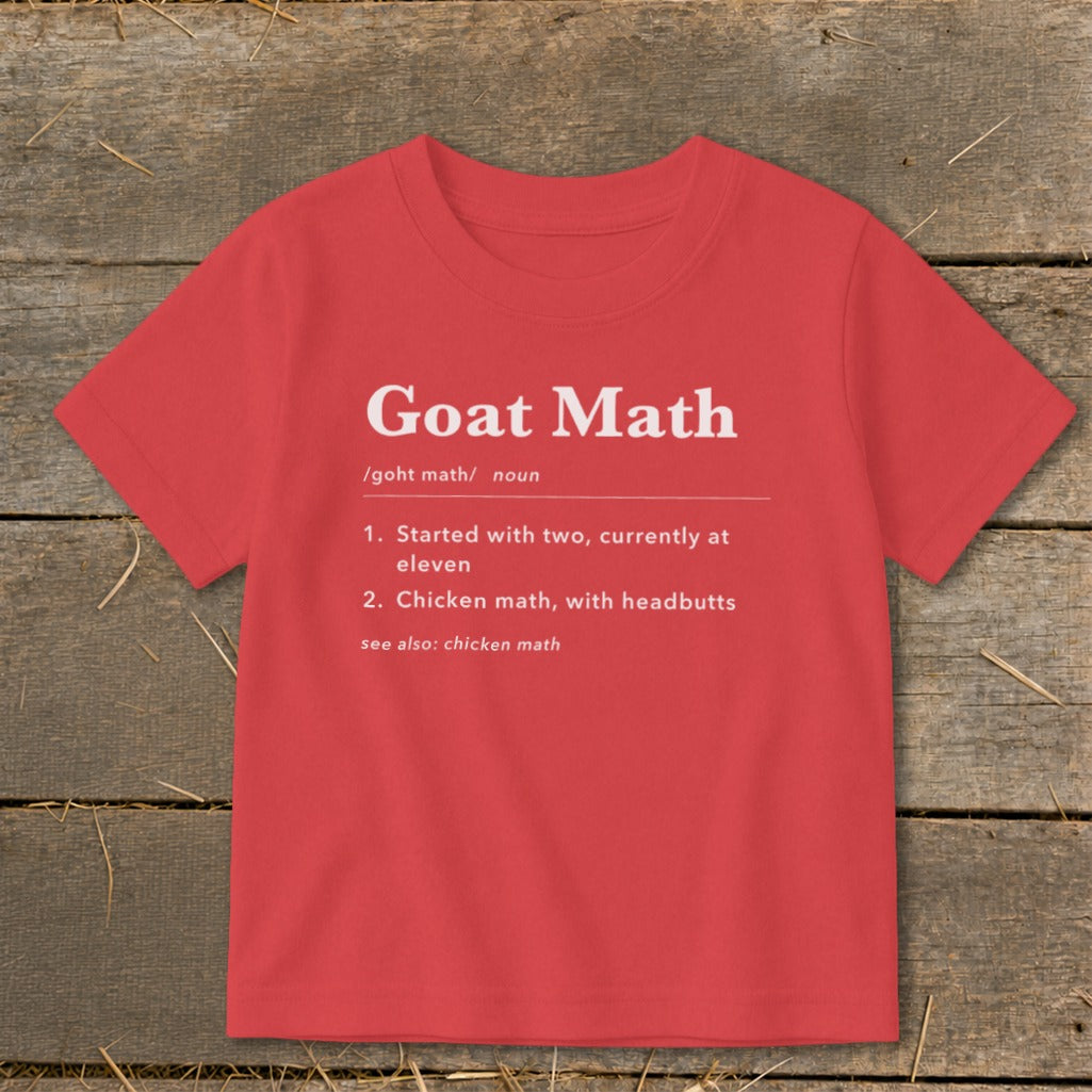 Red t-shirt with "Goat Math" definition printed in white text.