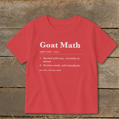 Red t-shirt with "Goat Math" definition printed in white text.