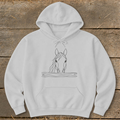 White hoodie with a minimalist black line drawing of a horse's head.