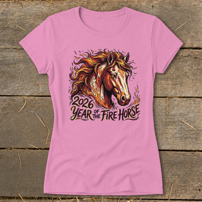 Pink t-shirt with illustration of a fire horse and text "2026 Year of the Fire Horse".