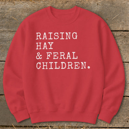 Red sweatshirt with white text "RAISING HAY & FERAL CHILDREN."
