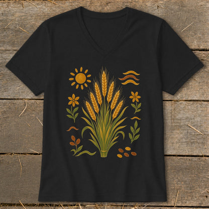 Black t-shirt with harvest illustration of wheat, sun, flowers, and seeds.