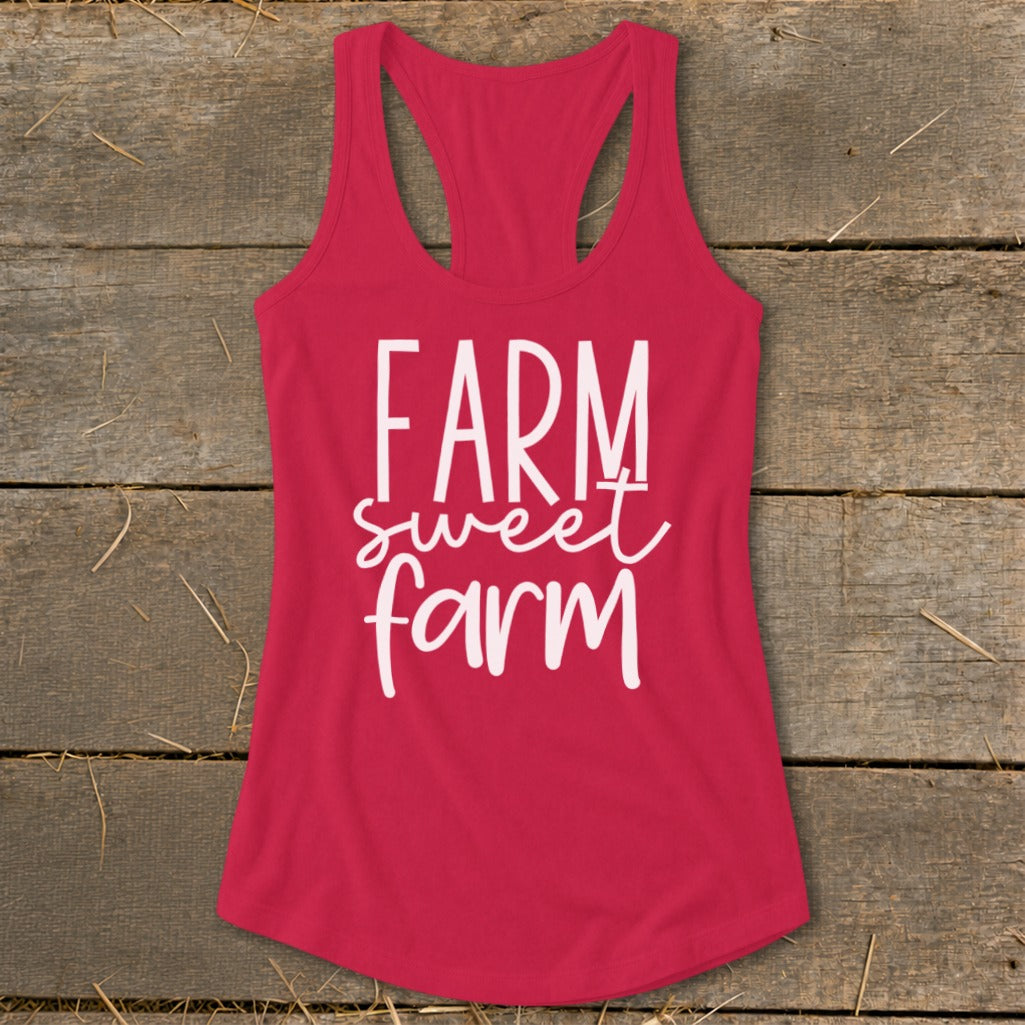 Red racerback tank top with "FARM sweet farm" in white lettering.