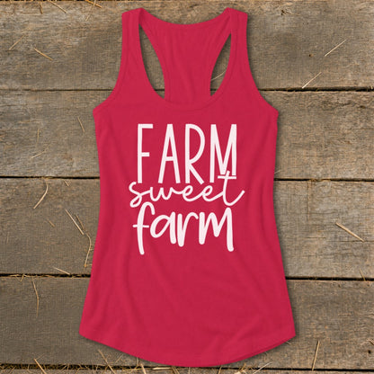 Red racerback tank top with "FARM sweet farm" in white lettering.