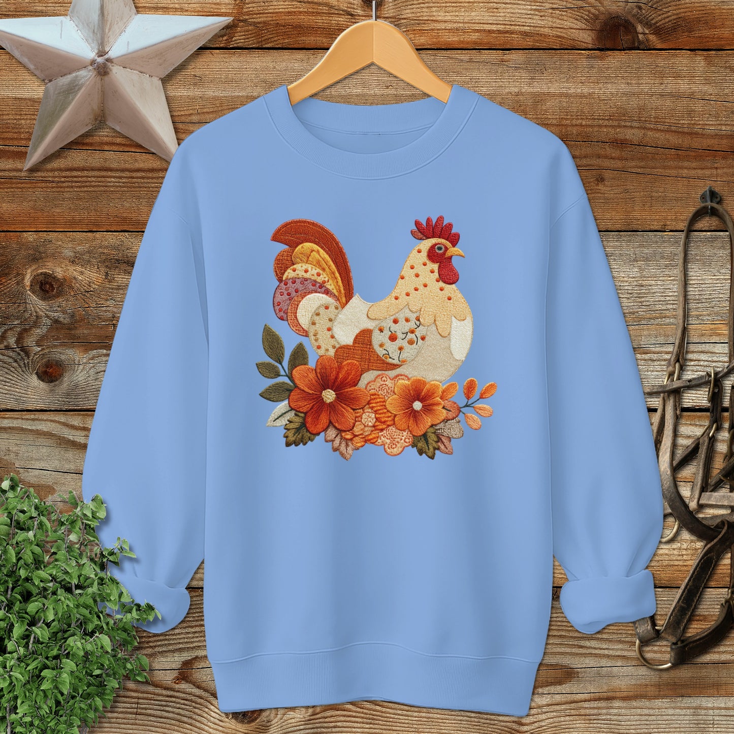 Rooster with Floral Design on Blue Sweatshirt product type