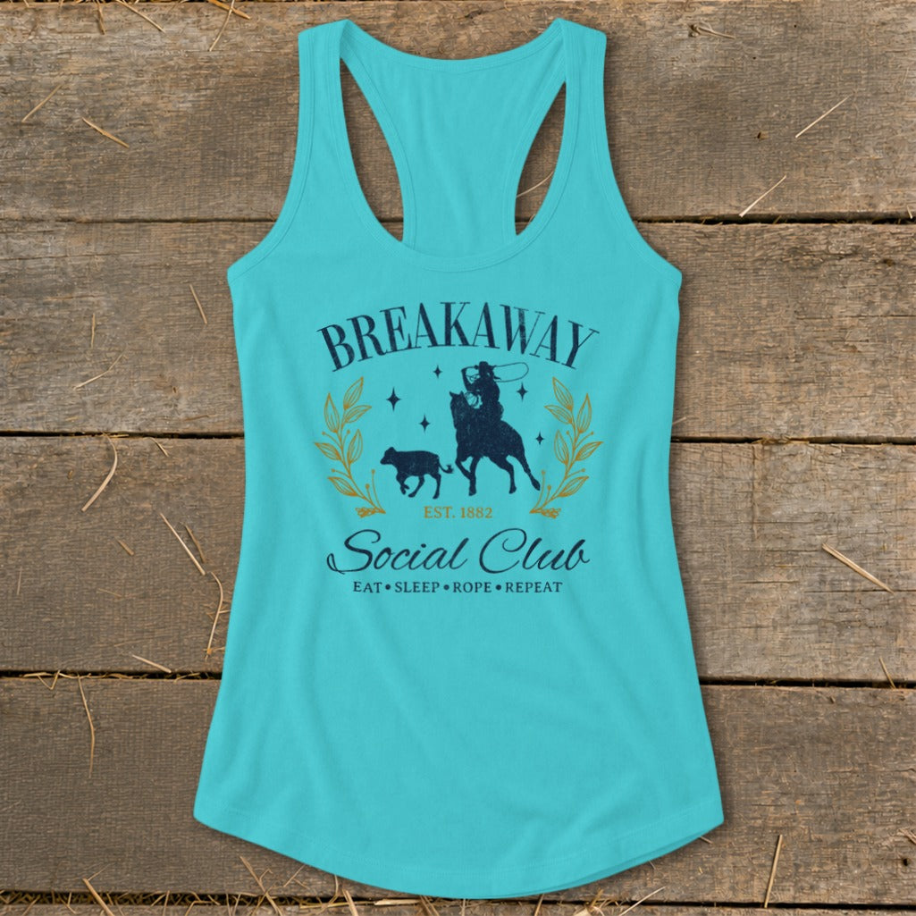 Turquoise tank top with "Breakaway Social Club" text, roper, and calf graphic.