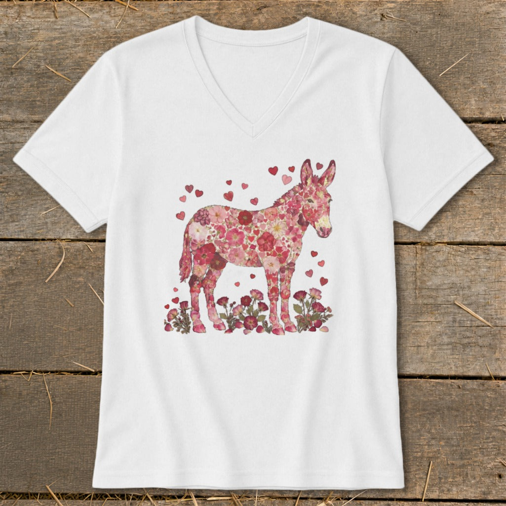 White v-neck t-shirt with a floral donkey and hearts graphic.