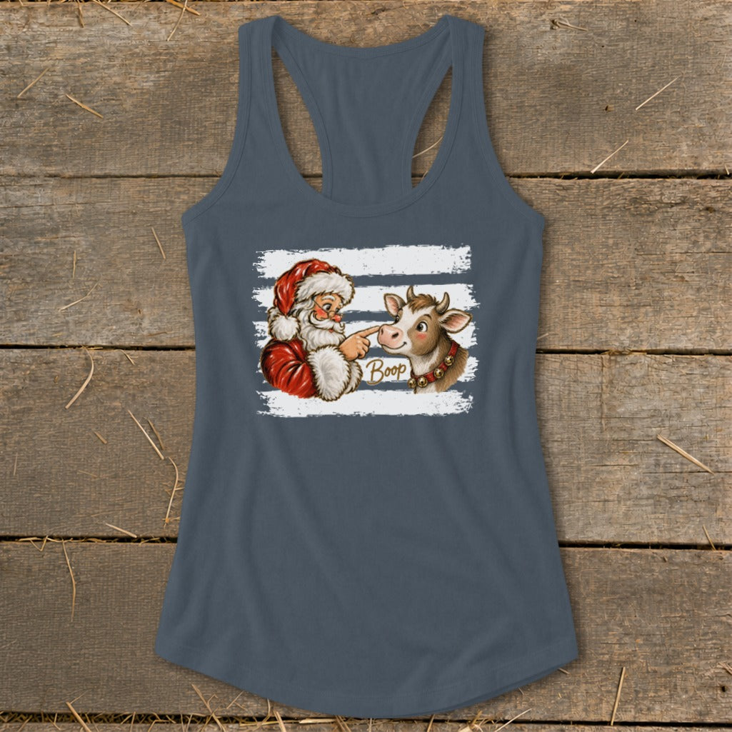 Santa booping a cow with the word "Boop" on a graphic with white stripes.