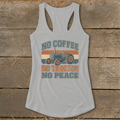Light grey tank top with "No Coffee No Tractor No Peace" and tractor graphic.