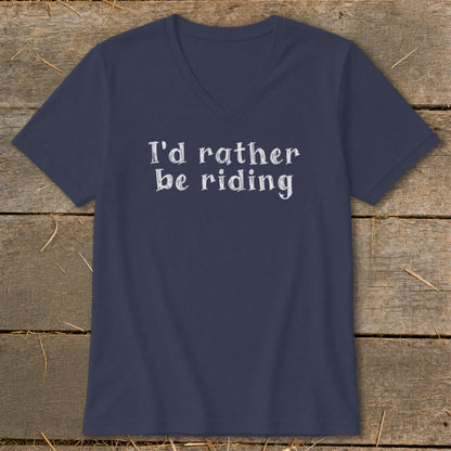 Navy v-neck t-shirt with "I'd rather be riding" in white text.