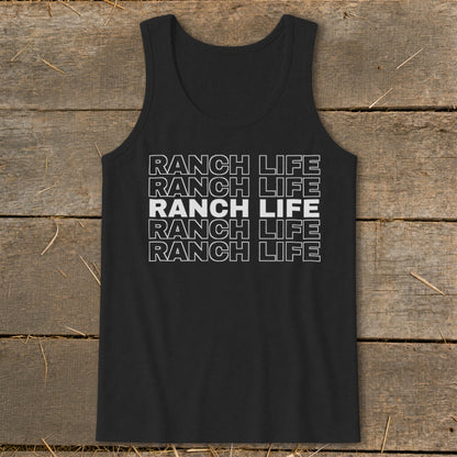 Black tank top featuring the white outline text RANCH LIFE repeated in five stacked rows, with the middle row solid white.
