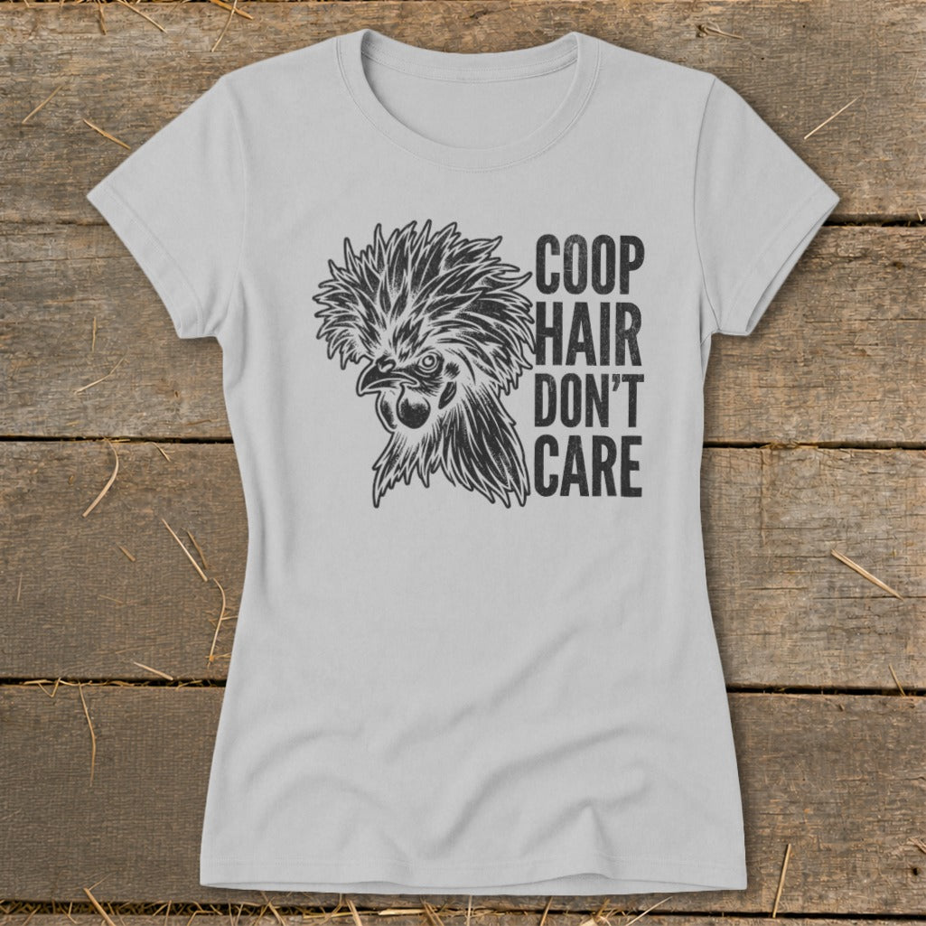 Grey t-shirt with a graphic of a crested chicken and text "COOP HAIR DON'T CARE".