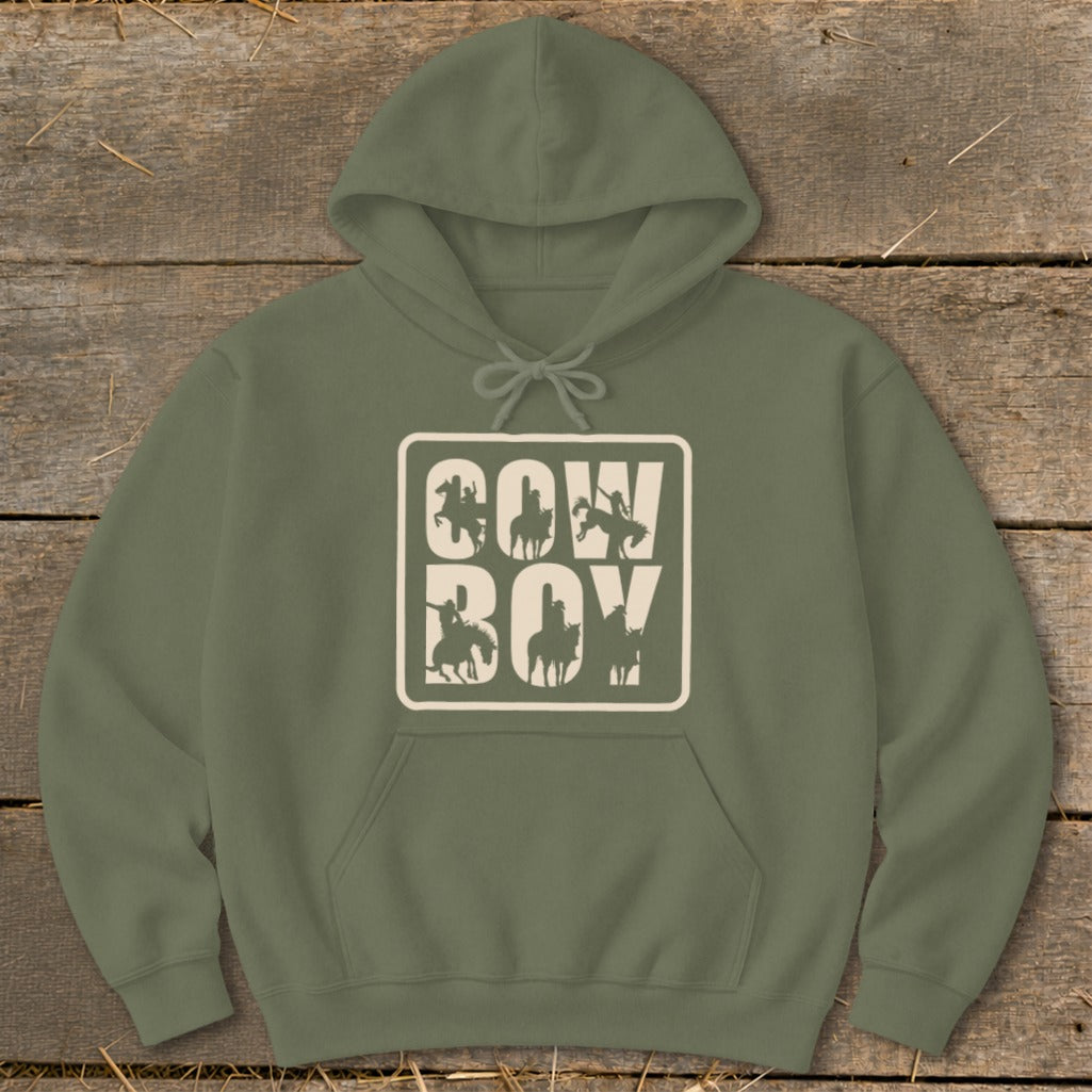 Olive green hoodie with "COW BOY" text and cowboy silhouettes in a framed design.
