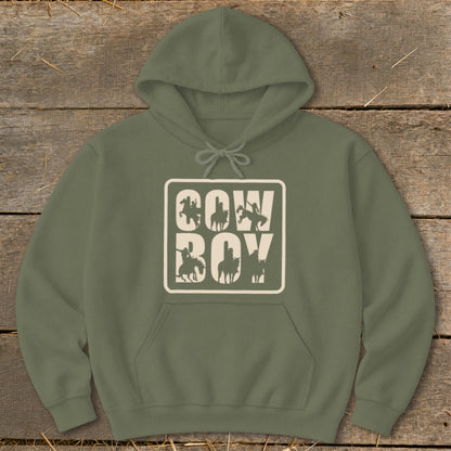 Olive green hoodie with "COW BOY" text and cowboy silhouettes in a framed design.