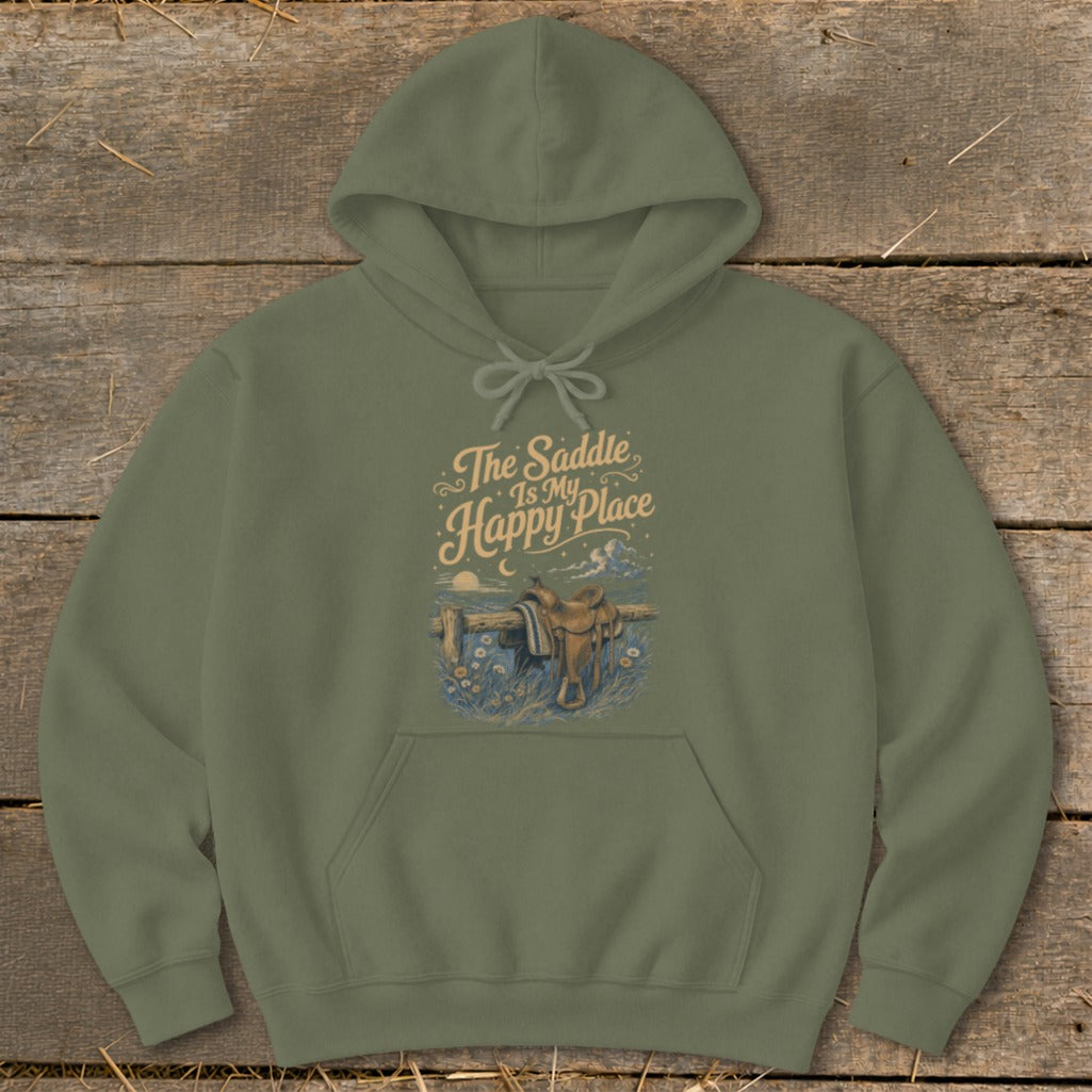 Olive green hoodie with "The Saddle Is My Happy Place" text and equestrian scene graphic.