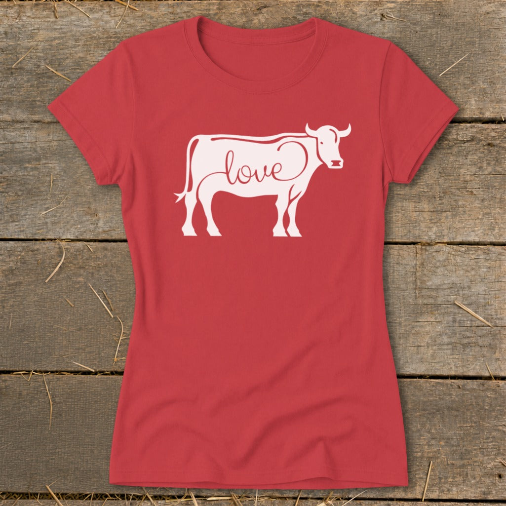Red t-shirt with a white cow silhouette and the word "love" on the chest.