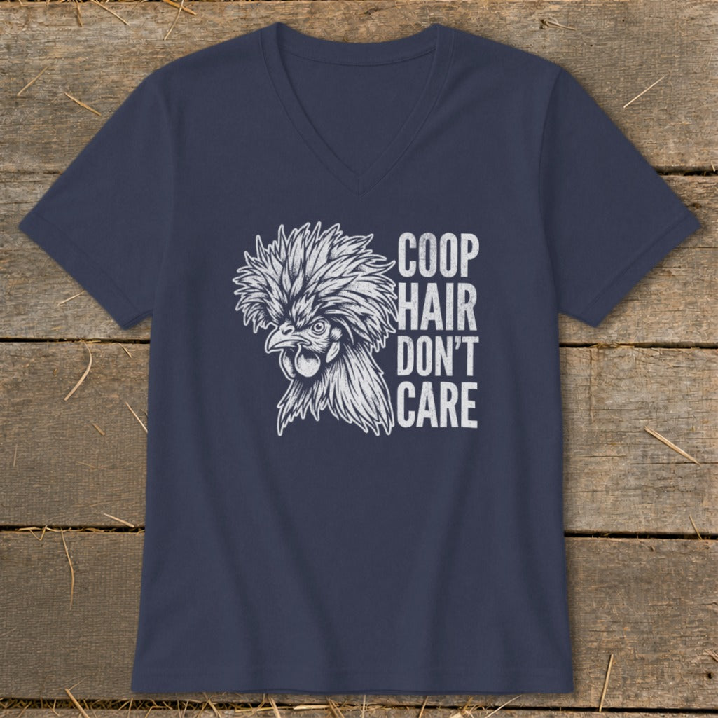 Navy v-neck t-shirt with white chicken graphic and text "COOP HAIR DON'T CARE".
