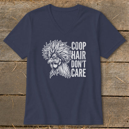 Navy v-neck t-shirt with white chicken graphic and text "COOP HAIR DON'T CARE".