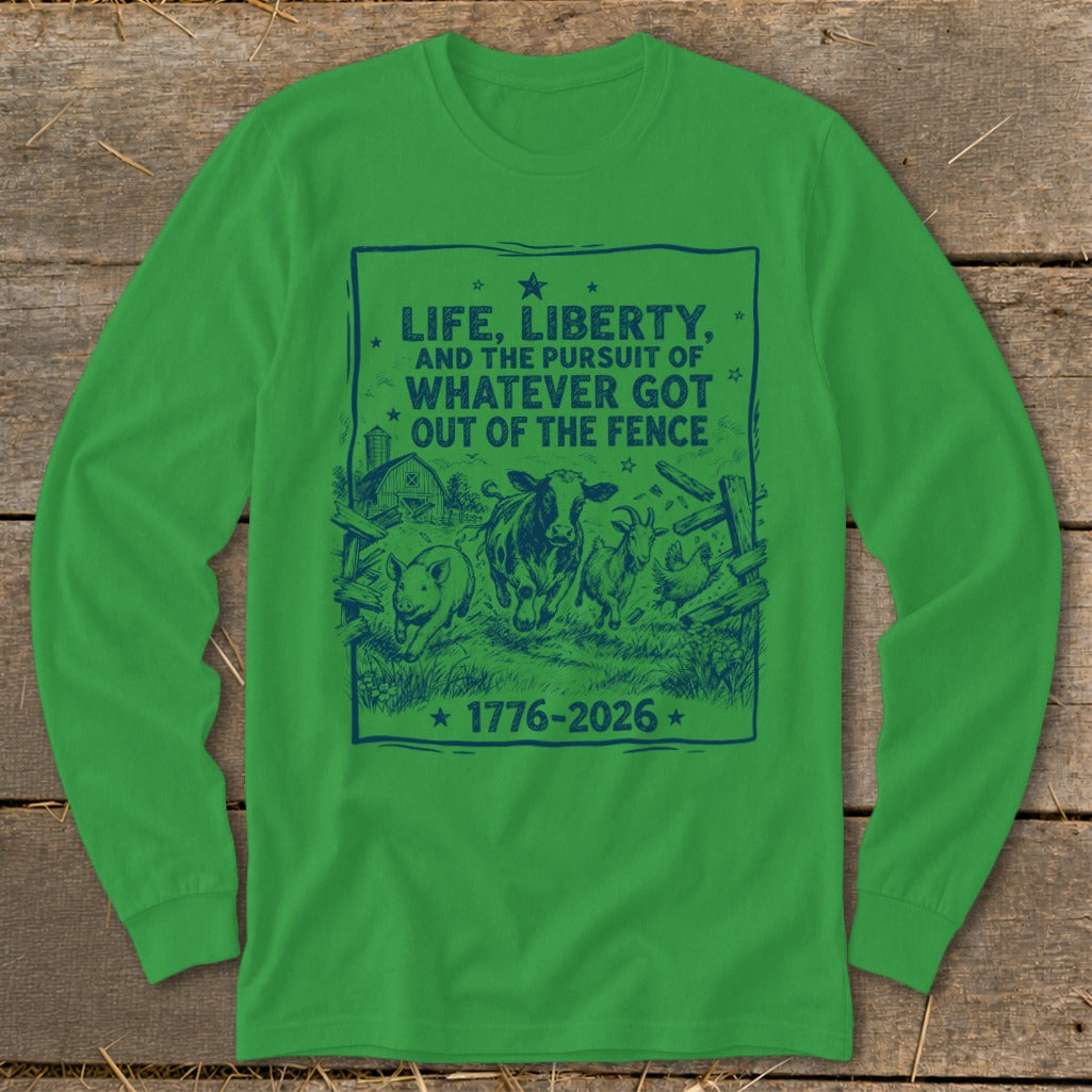 Green long sleeve shirt with blue text and farm animal graphic.