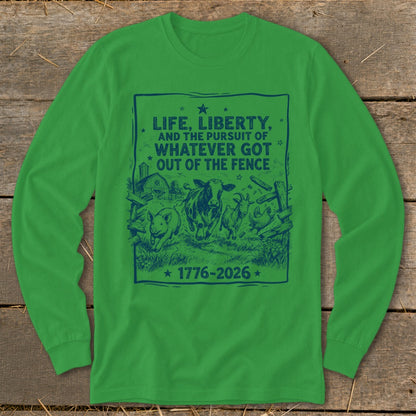 Green long sleeve shirt with blue text and farm animal graphic.
