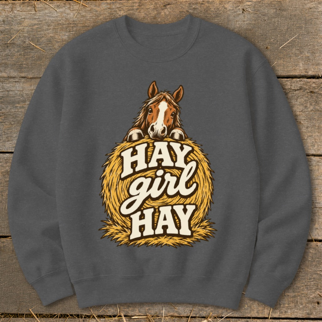 Horse peeking over a hay bale with text "Hay girl hay".
