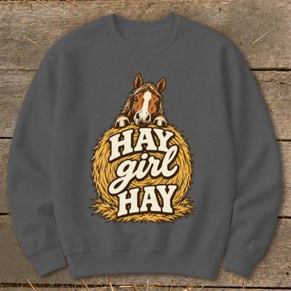 Horse peeking over a hay bale with text "Hay girl hay".