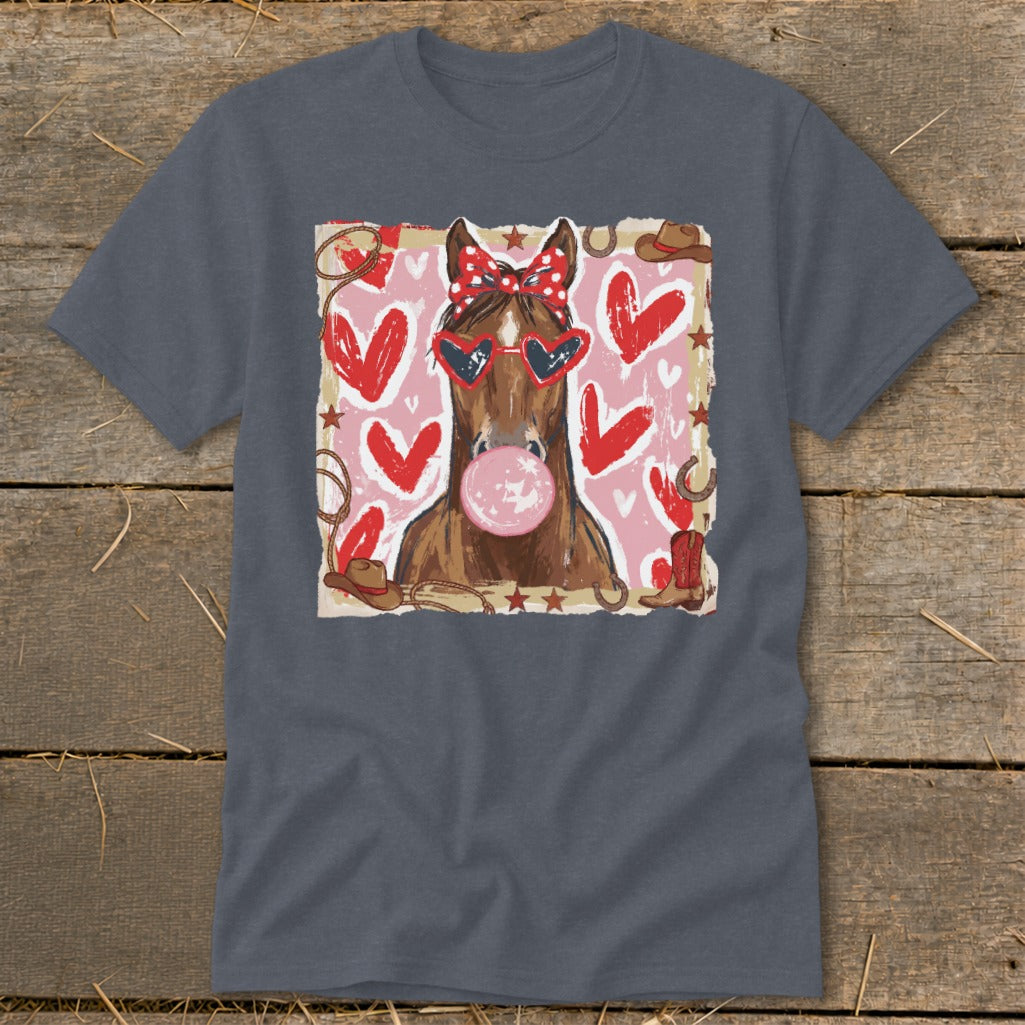 Horse wearing heart sunglasses and red bow, blowing pink bubblegum.