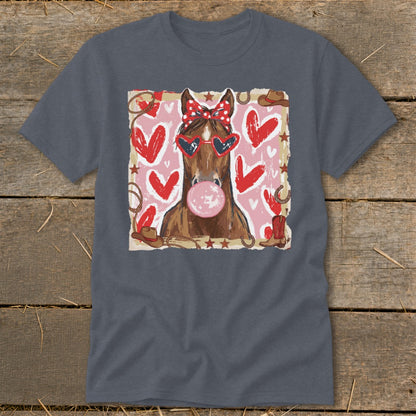 Horse wearing heart sunglasses and red bow, blowing pink bubblegum.